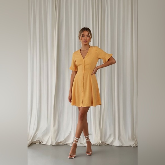 Lulus castana mustard yellow print button up dress size small - Picture 2 of 7